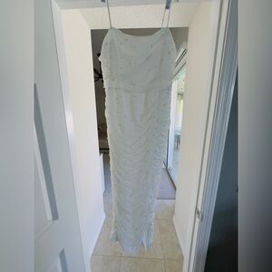 Lulu's White Toast to Romance Ruched Pearl Midi Dress